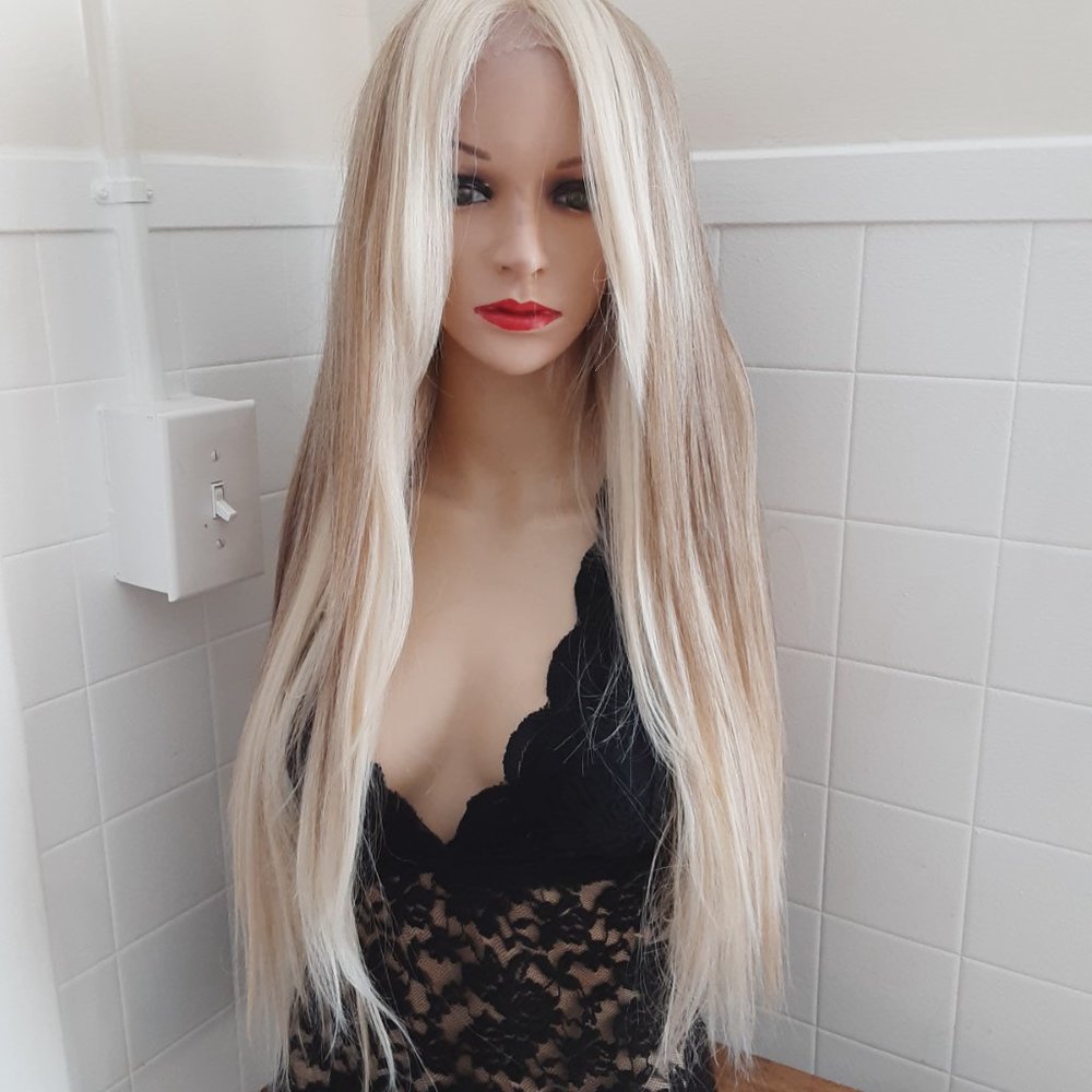 Blonde and ash blonde mix lace front wig straight  money piece hair highlights,